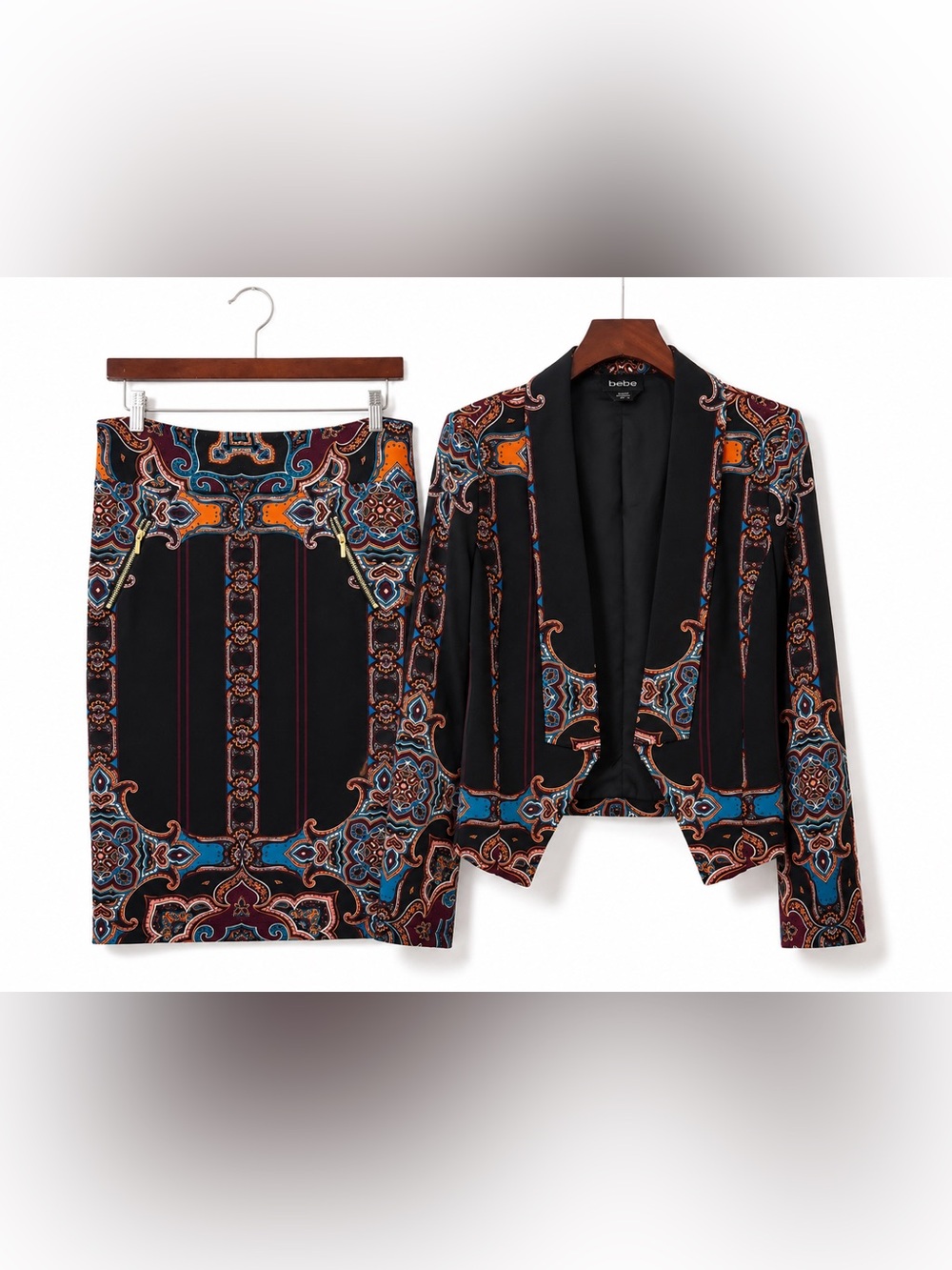 bebe Black Paisley-Print Blazer & Skirt Set with Blue and Orange Accents